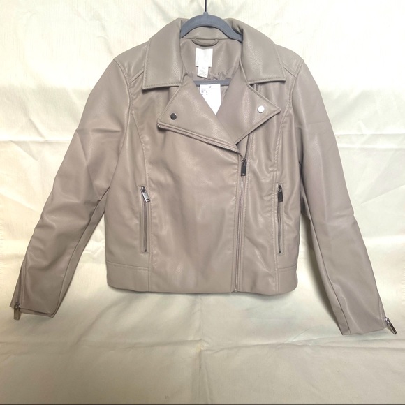 H&M Jackets & Blazers - H&M Taupe Faux Leather Moto Jacket